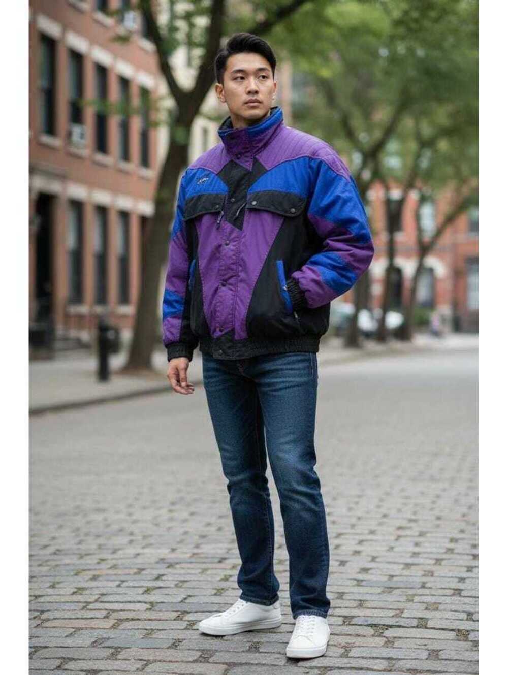 Vintage 90s Colorblock Ski Jacket | Purple Blue Winter Coat, Large